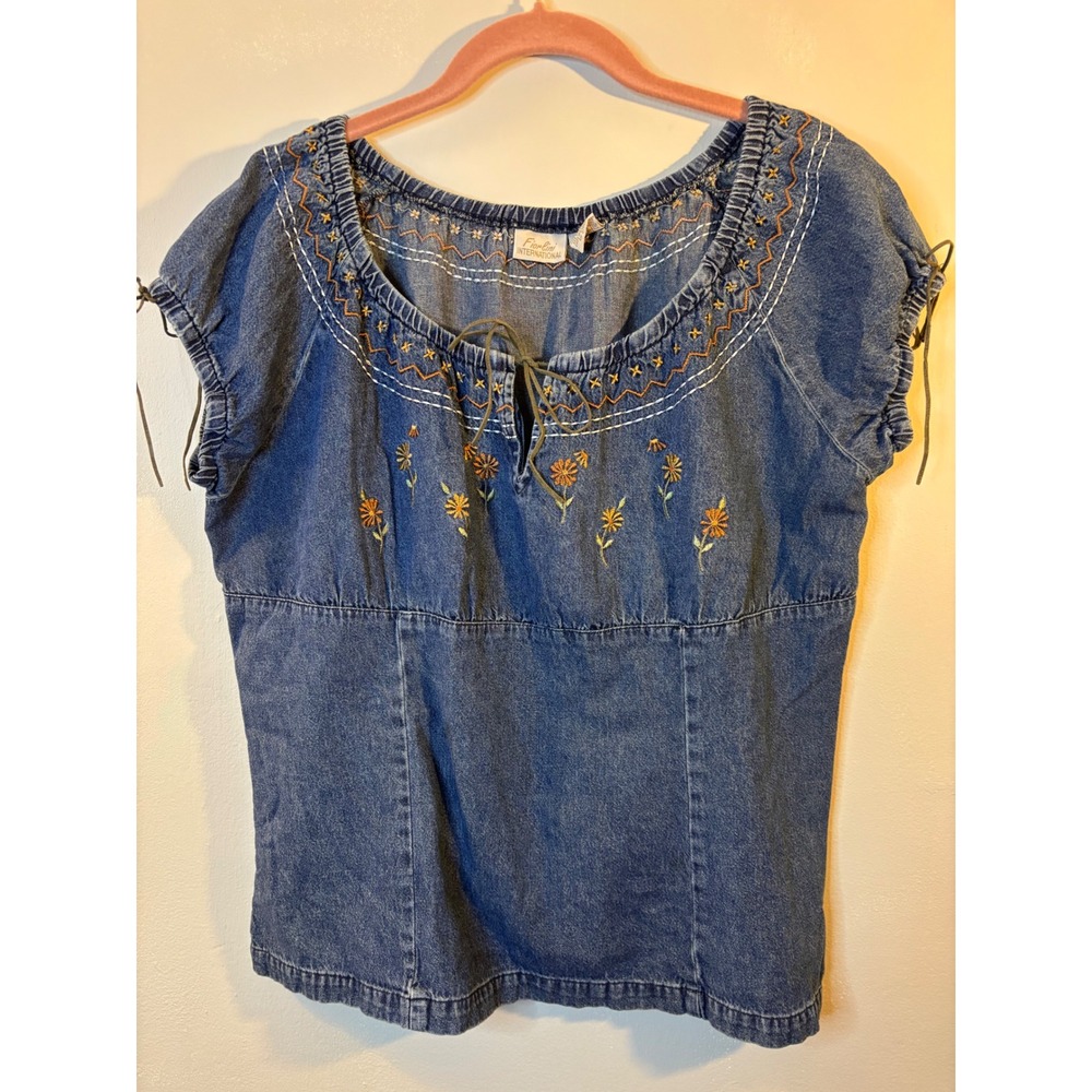 Fiorlini Blue Denim Floral Emboidered Babydoll Top L Country Rodeo